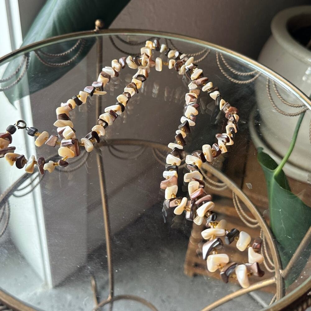 Vintage Shell and Seed Beaded Necklace, Earthy Neutral Tones 40” Necklace